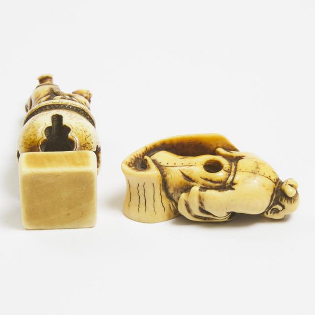 Two Ivory Netsuke of Jurojin and an Old Man Standing on a Large Scroll, Edo Period, 18th/19th Century