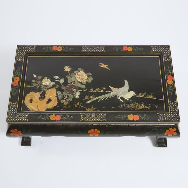 A Chinese Black Lacquered and Soapstone Inlaid Coffee Table, Mid 20th Century