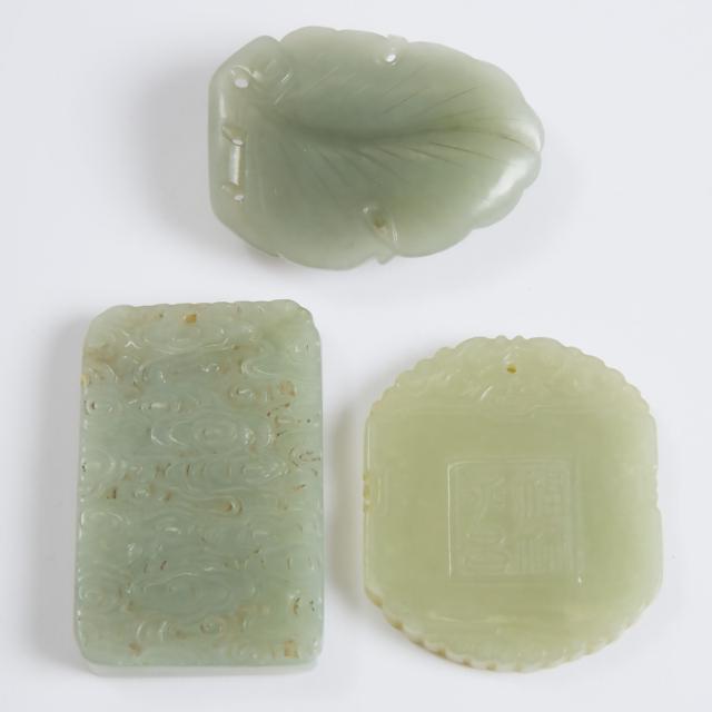 A Group of Three Celadon Jade Plaques