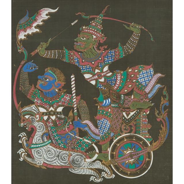 A Framed Silk Painting of Rama and Hanuman from the Ramakien, Thailand, Mid 20th Century