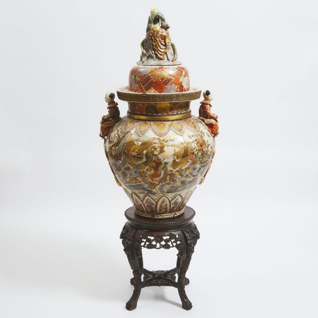 A Massive Satsuma Earthenware Temple Jar and Cover, Kyoto, Meiji Period, Circa 1900