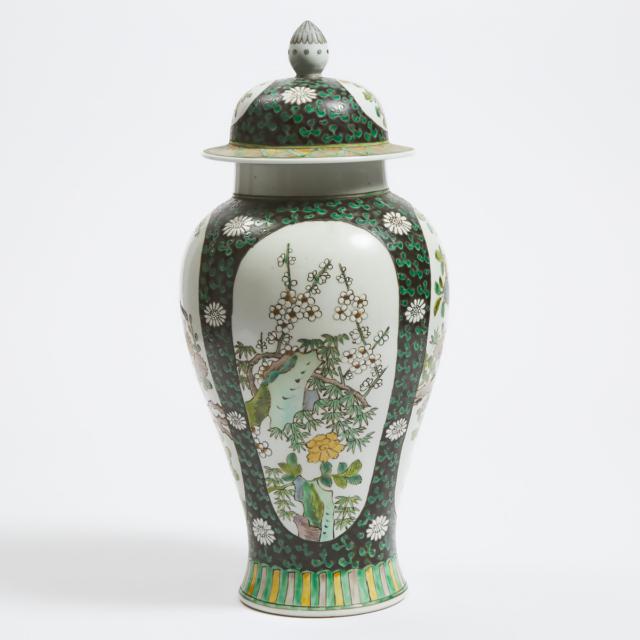 A Famille Noire 'Birds and Flowers' Vase and Cover, Kangxi Mark, 20th Century