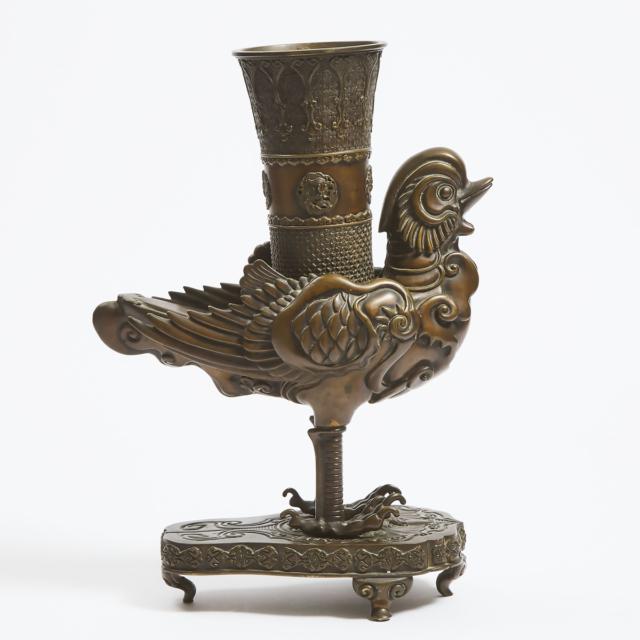 A Japanese Bronze Vase in the Form of an Archaistic Bird-Form Vessel, Edo/Meiji Period, 19th Century