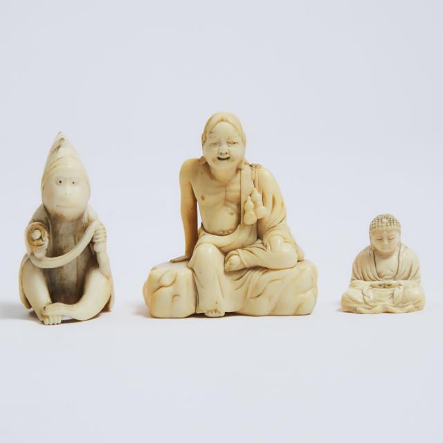 Two Ivory Netsuke of a Monkey Sambaso Dancer and a Sennin Immortal, Edo/Meiji Period, Together With Miscellaneous Ivory Carved Items