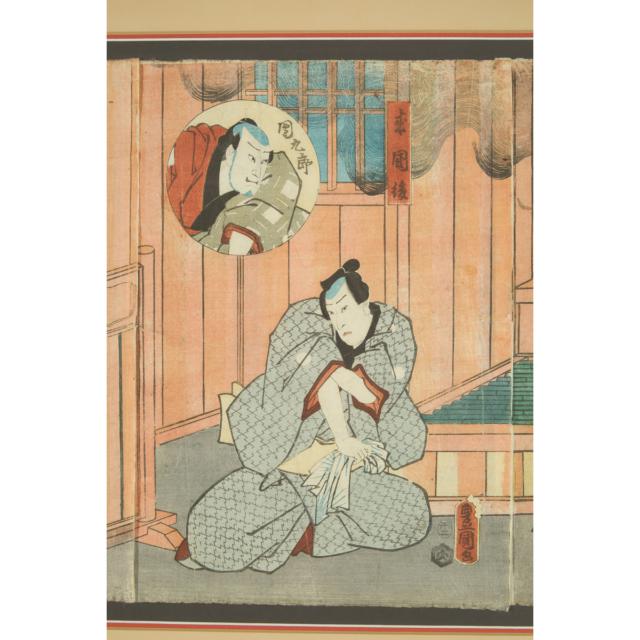 Utagawa Kunisada (Toyokuni III, 1786-1865), Actors Ichikawa Danjuro VI as Gorobei Masamune, Kataoka Nizaemon VIII as Rai Kunitoshi, Onoe Waichi II as Dankuro, and Iwai Kumesaburo III as the Daughter