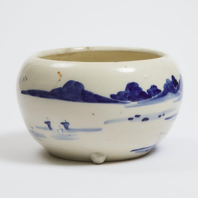 A Blue and White 'Landscape' Tripod Censer, Early 20th Century