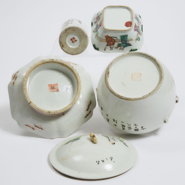 A Group of Four Enameled Porcelain Wares, Late Qing/Republican Period