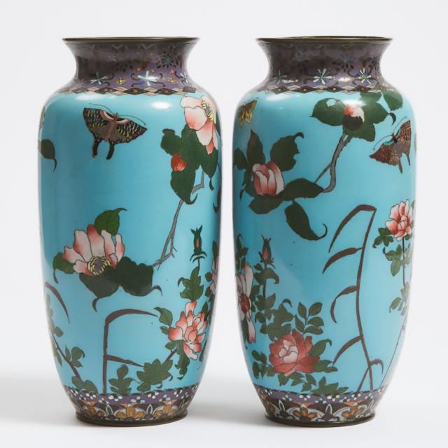 A Pair of 'Butterflies and Peonies' Cloisonné Vases, Mid 20th Century