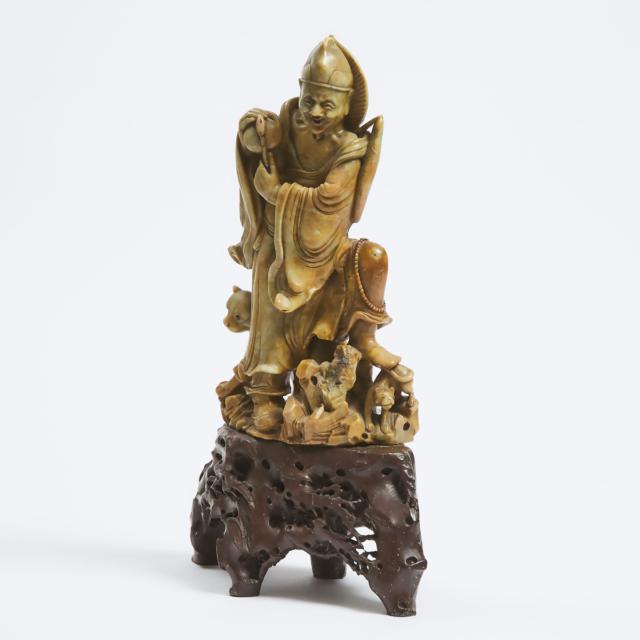 A Soapstone Figure of Ji Gong and Tigers, Mid 20th Century