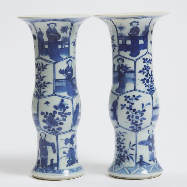 A Pair of Kangxi-Style Blue and White 'Figural' Gu Vases, 19th Century