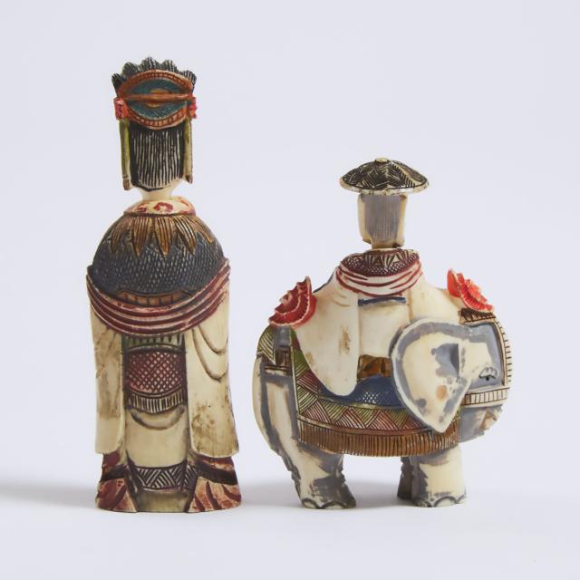 Two Chinese Polychrome Ivory Snuff Bottles, Mid 20th Century 