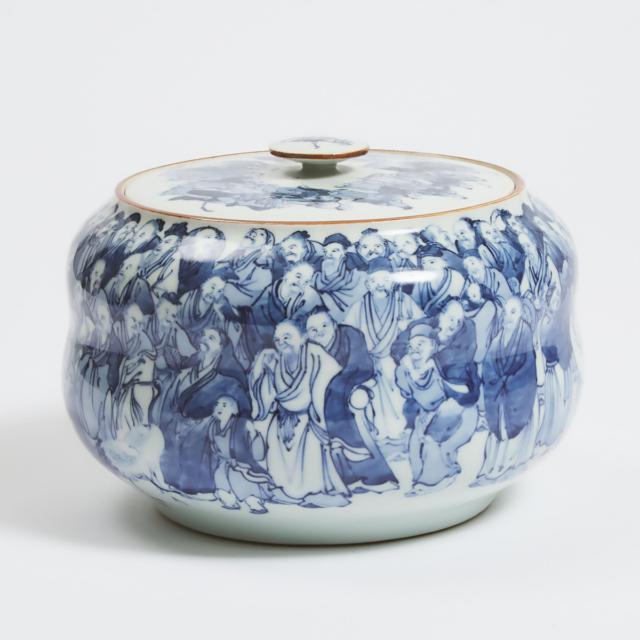 A Blue and White 'Five Hundred Rakan (Arhats)' Bowl and Cover, Mizuzashi, 19th/20th Century