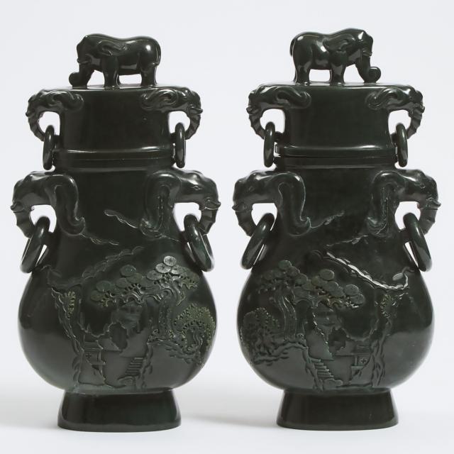 A Pair of Large Spinach Jade Vases and Covers, 20th Century