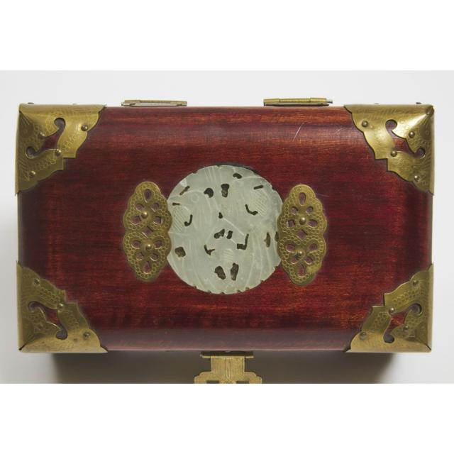 A Jade-Inset Rosewood Jewellery Box, Together With a Jade and Hardstone Cloisonné Tree, Early to Mid 20th Century