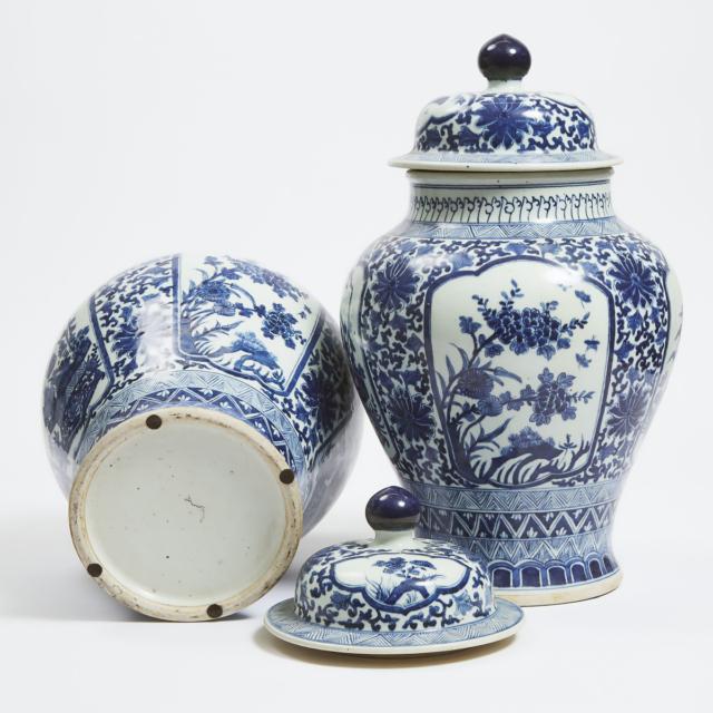 A Pair of Kangxi-Style Blue and White Baluster Jars and Covers