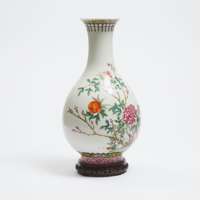 A Famille Rose 'Rooster and Peonies' Vase, Mid 20th Century