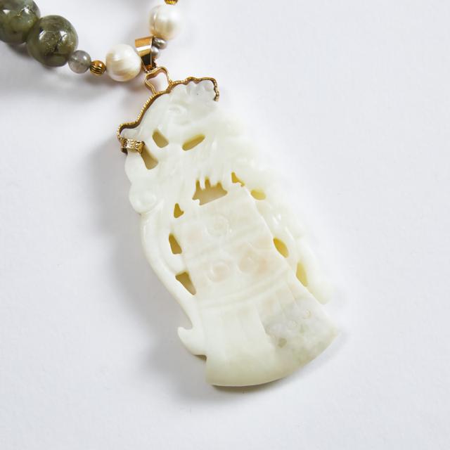 A White Jade Axe-Form Pendant Mounted with Jade and a Pearl, Early to Mid 20th Century