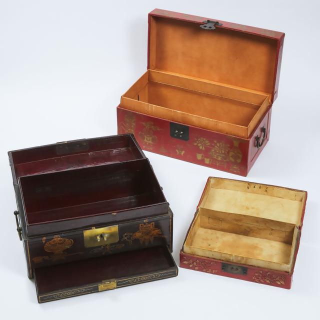 A Group of Three Chinese Parcel-Gilt and Red-Lacquered Leather Boxes, Early 20th Century