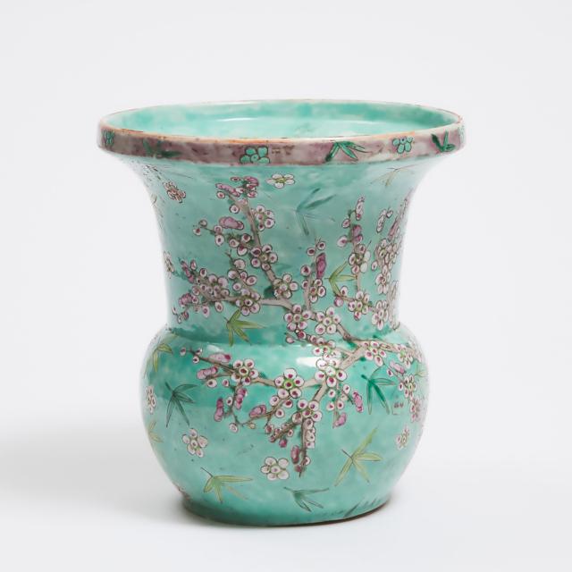A Turquoise-Ground Famille Rose 'Plum Blossom' Vase, Mid 20th Century