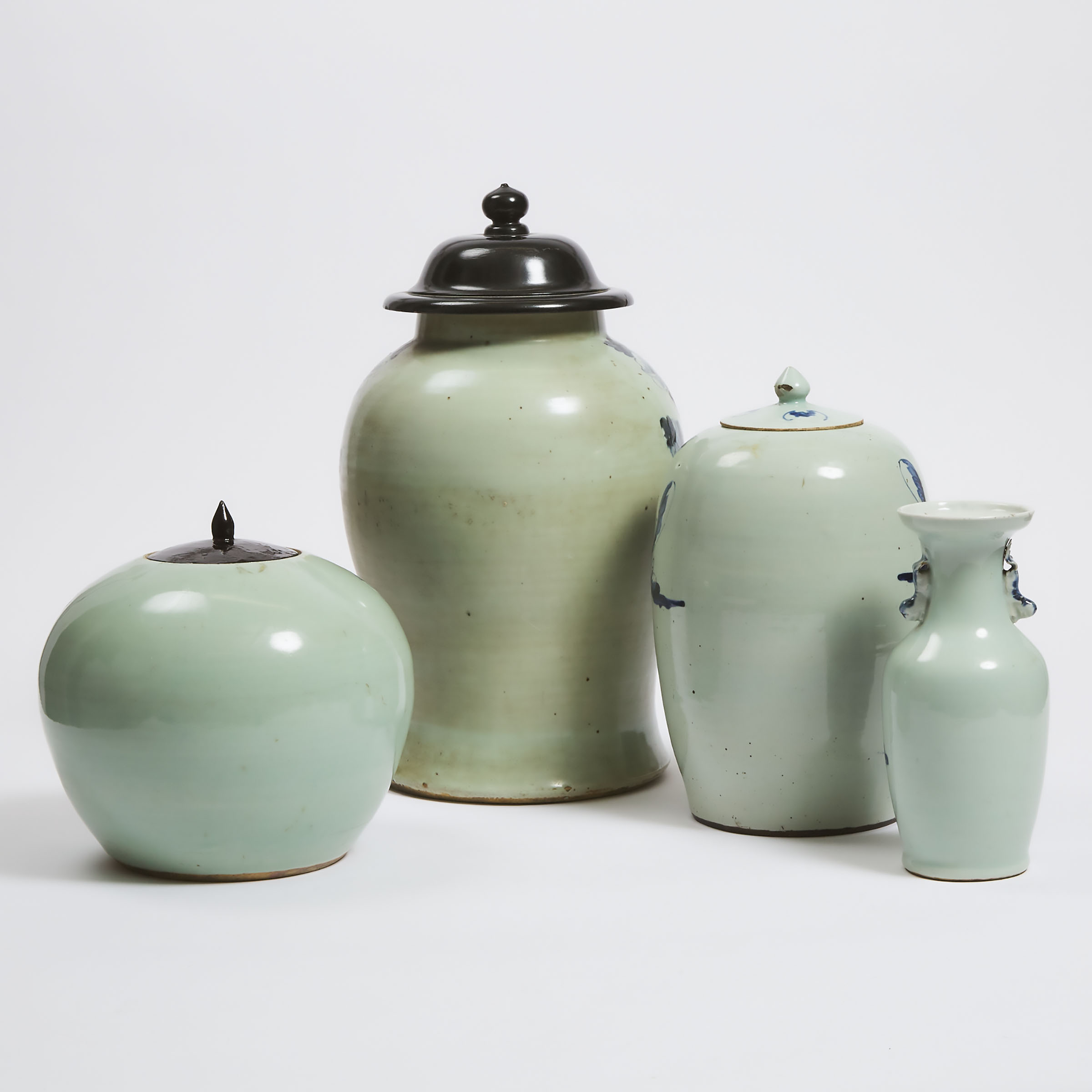 A Group of Four Blue and White Celadon-Ground Vases, 19th Century