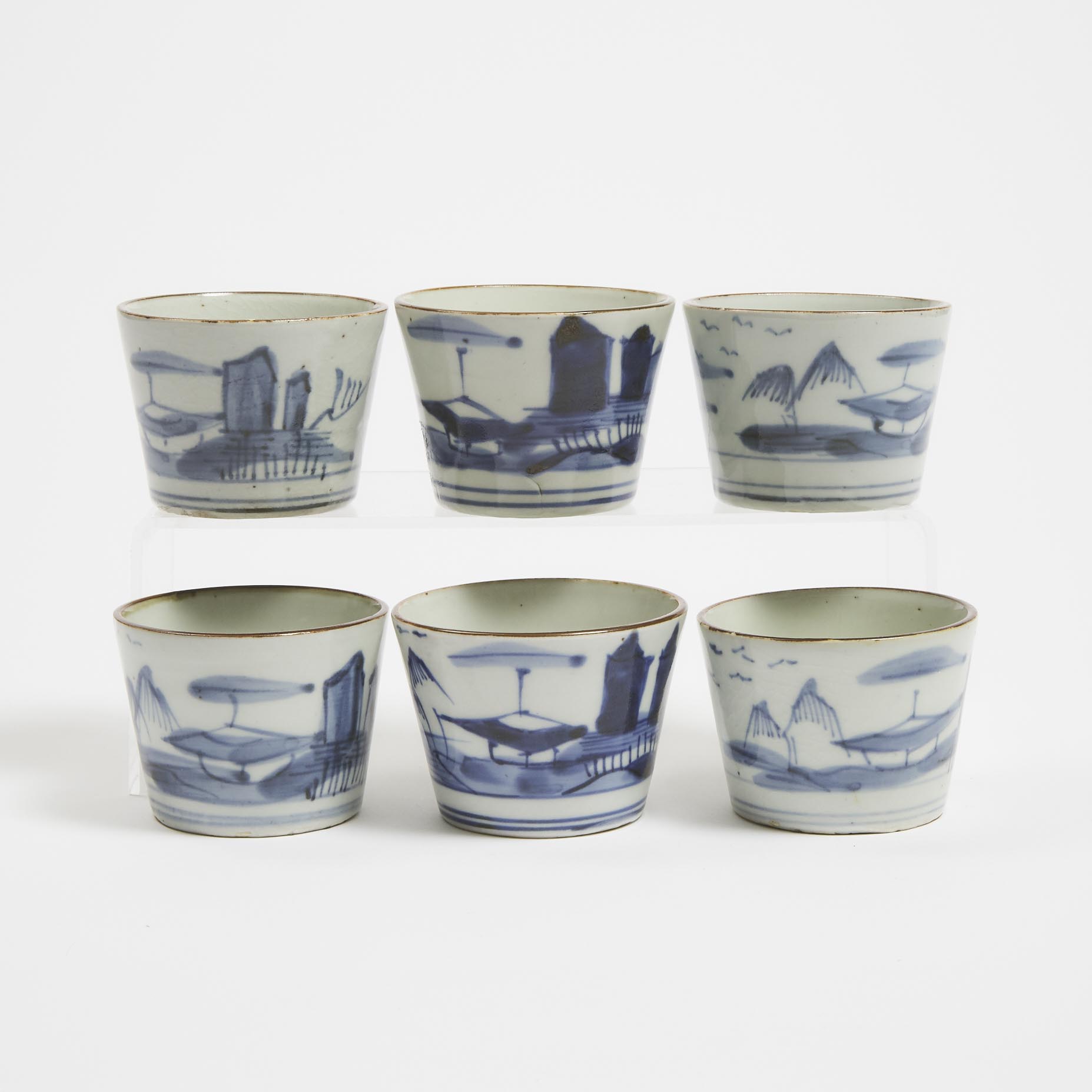A Set of Six Blue and White Cafe-au-Lait Rimmed Tea Cups, 19th Century