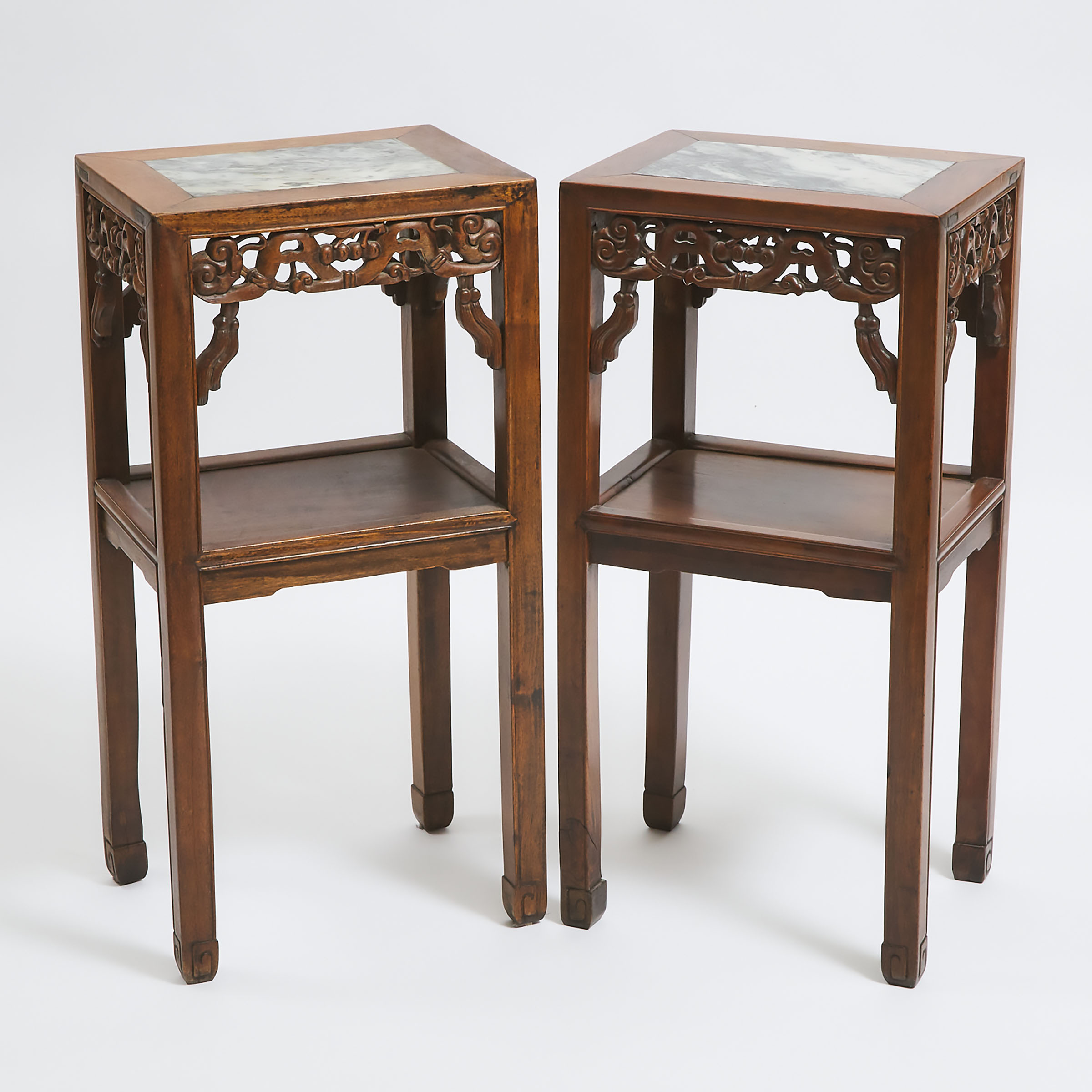A Pair of Chinese Marble-Inset Rosewood Side Tables, Late 19th/Early 20th Century 