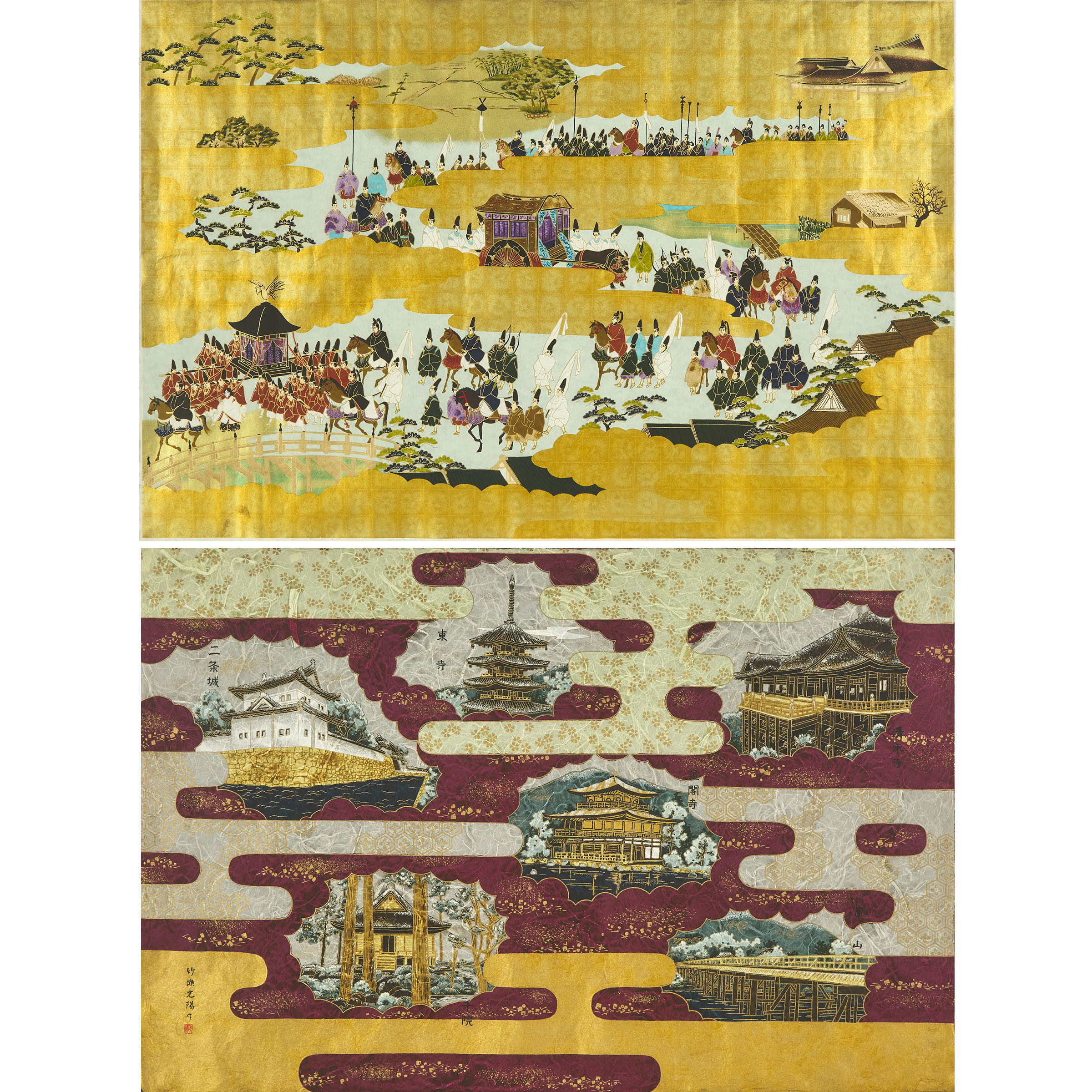 A Pair of Japanese Paintings of Famous Historical Landmarks and a Feudal Procession, 20th Century