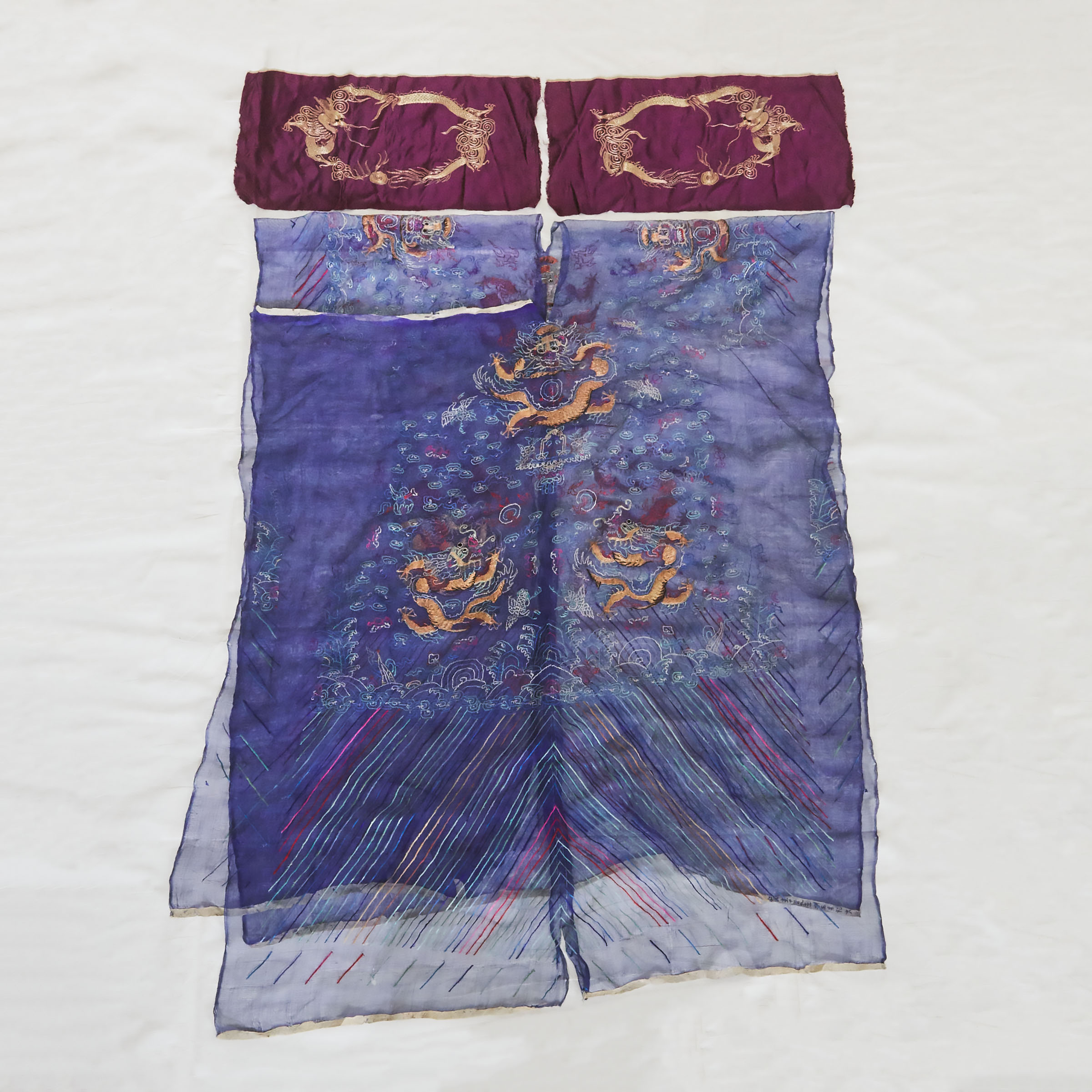 An Embroidered Blue-Ground Summer Gauze Uncut Dragon Robe, Together With Two Silk Embroidered 'Dragon' Panels, Late 19th Century