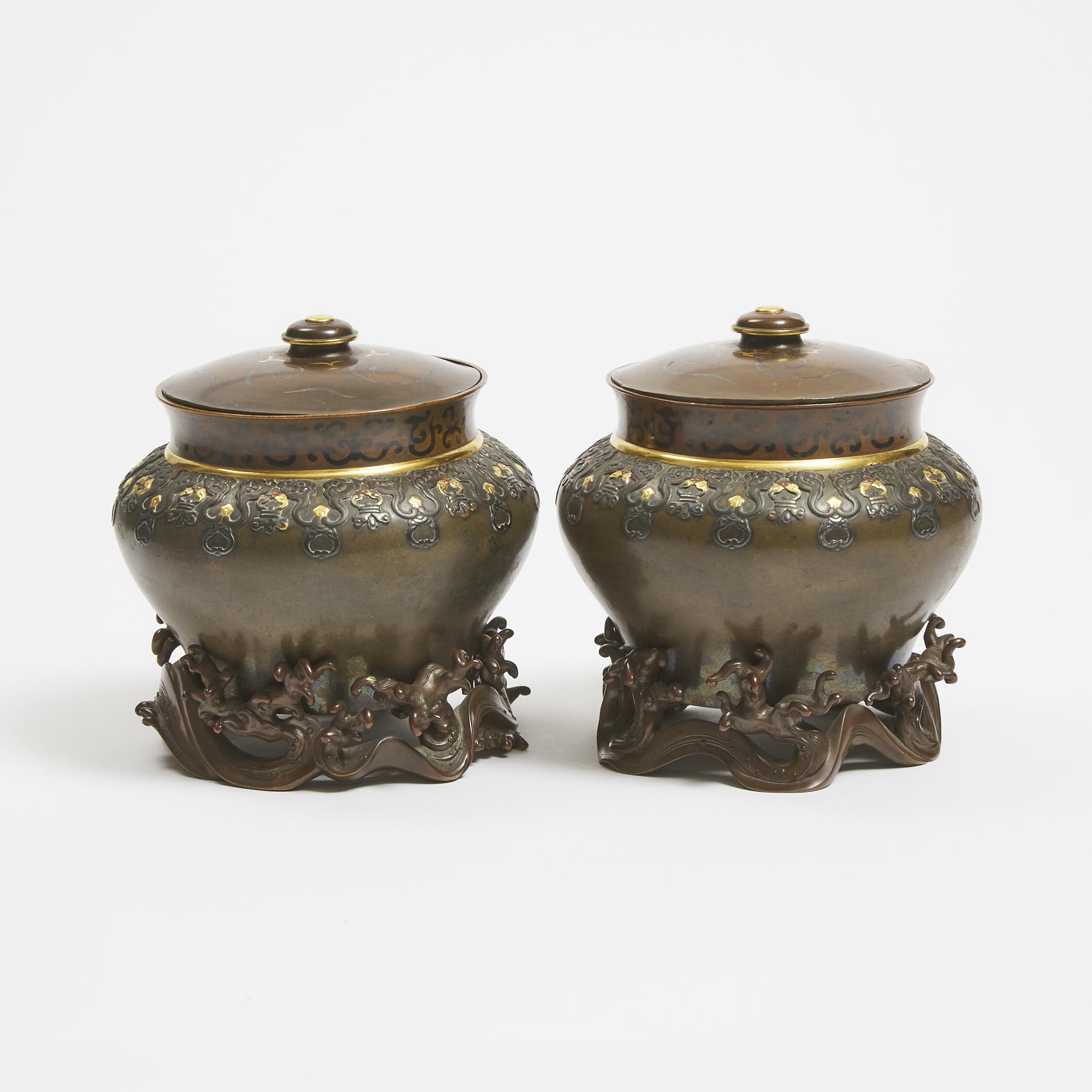 A Pair of Japanese Gilt and SIlver Inlaid Bronze Censers, Meiji Period, Early 20th Century