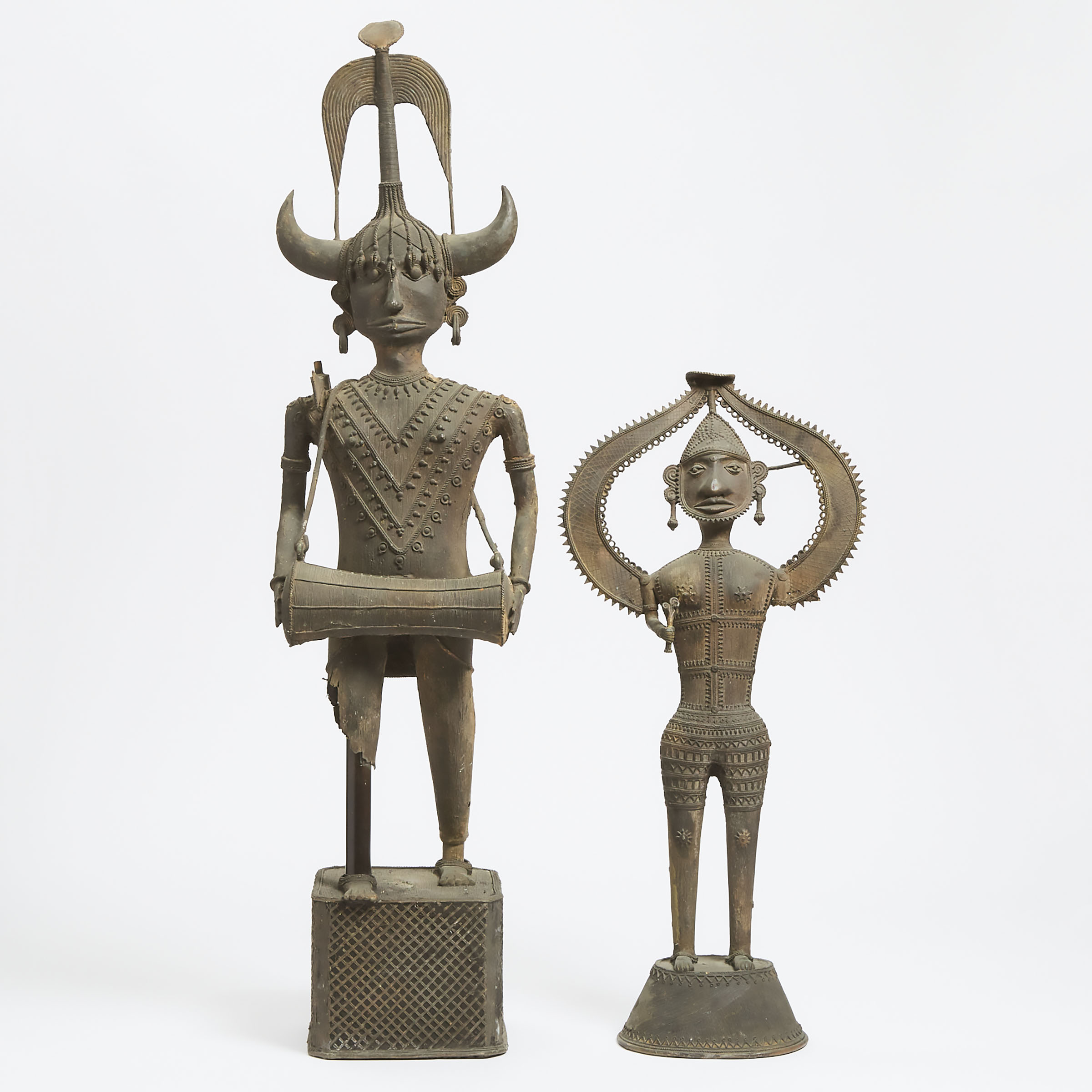 Two Large Indian Dhokra Bronze Figures, 19th/Early 20th Century