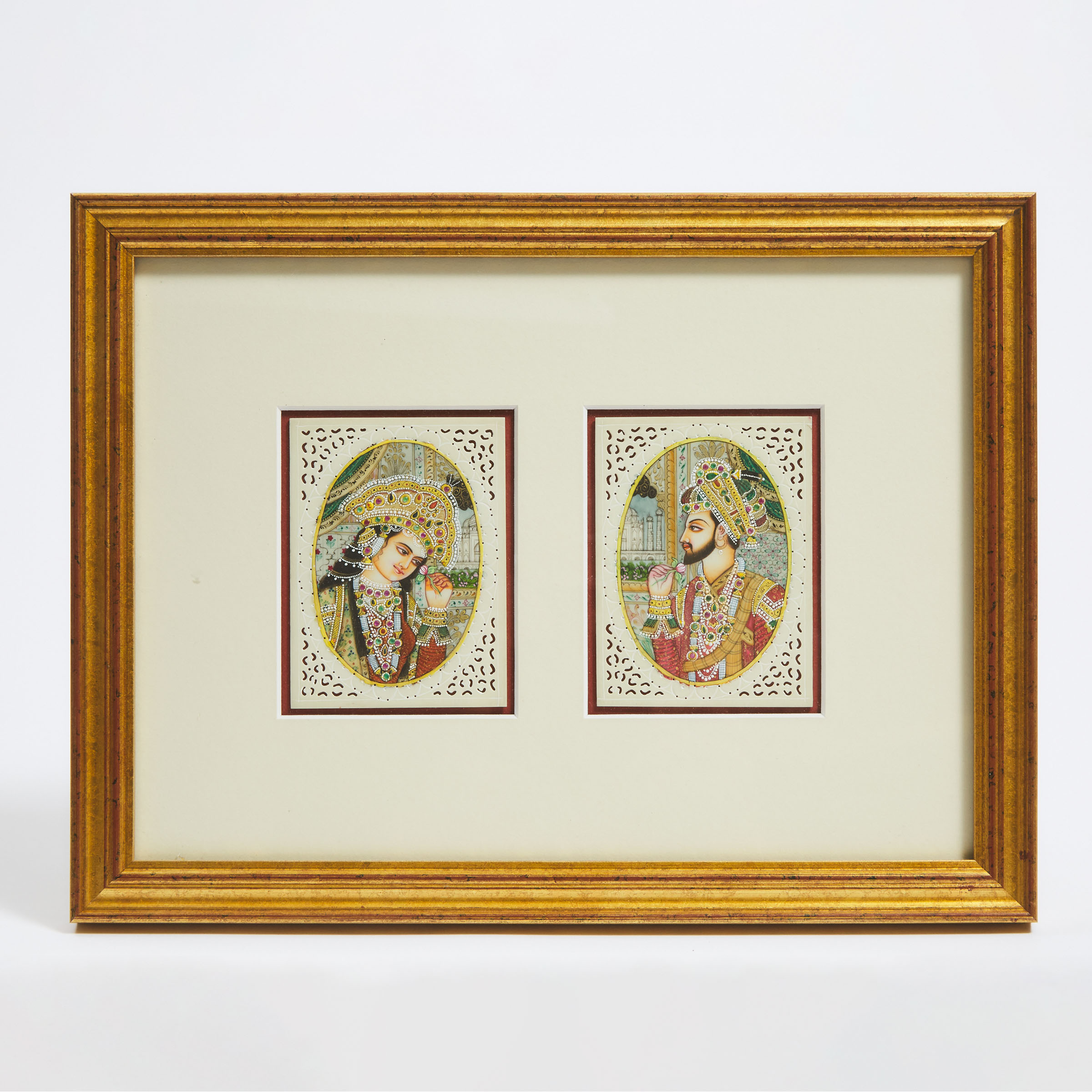 A Framed Indian Miniature Portrait of a Prince and Princess With the Taj Mahal, 20th Century