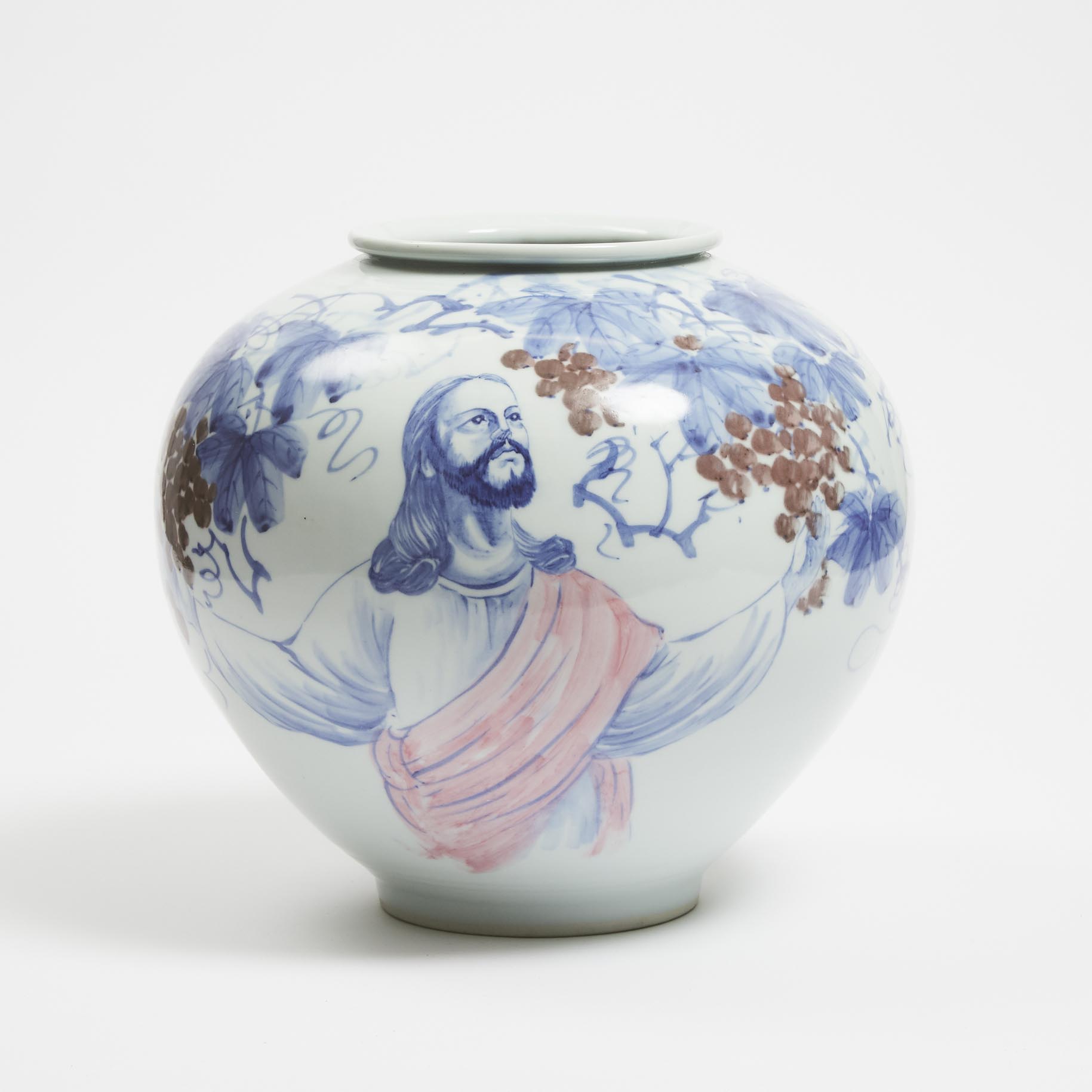 A Large Korean Blue and White and Copper Red Jar Depicting Christ, 20th Century
