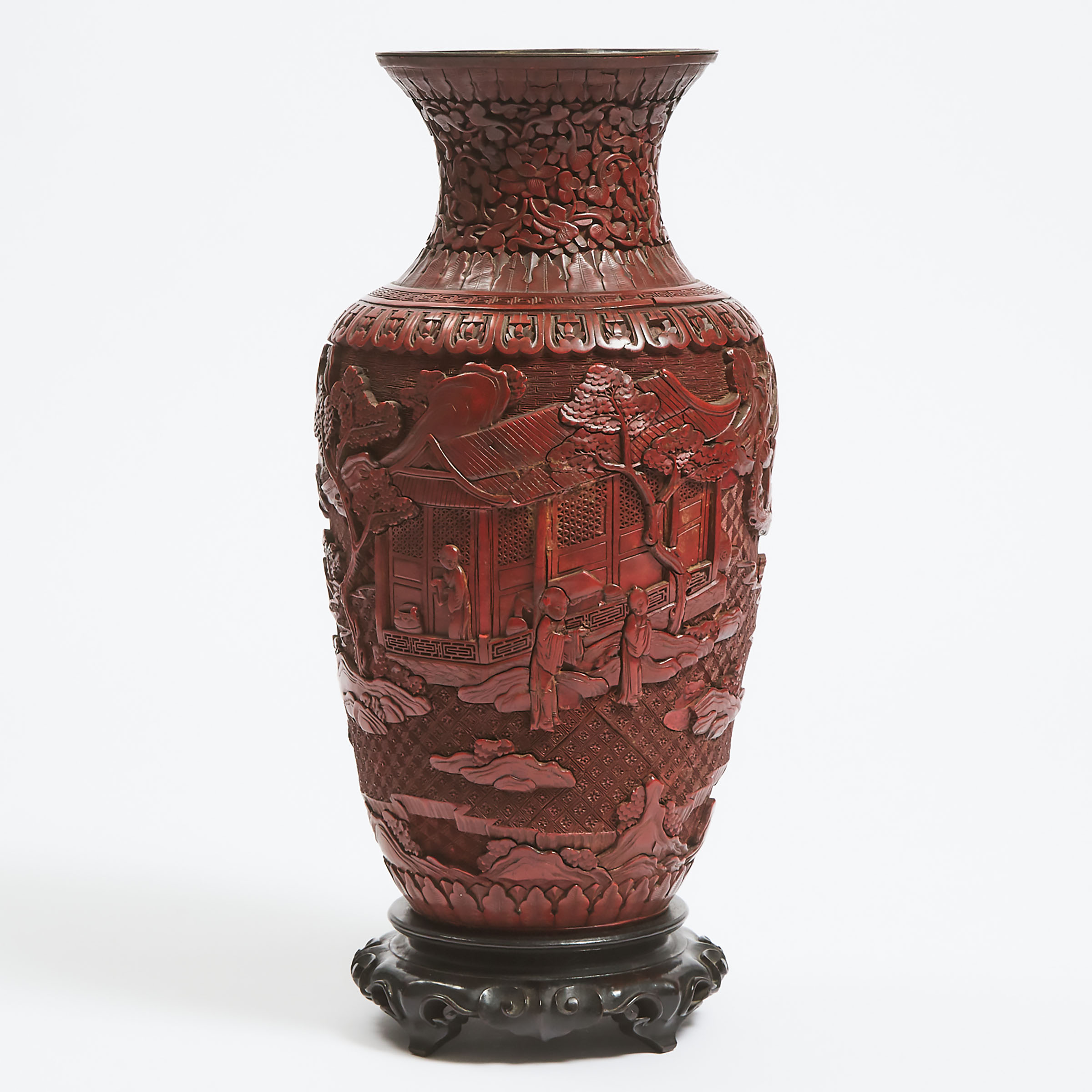 A Carved Cinnabar Lacquer Baluster Vase With Zitan Stand, 19th Century