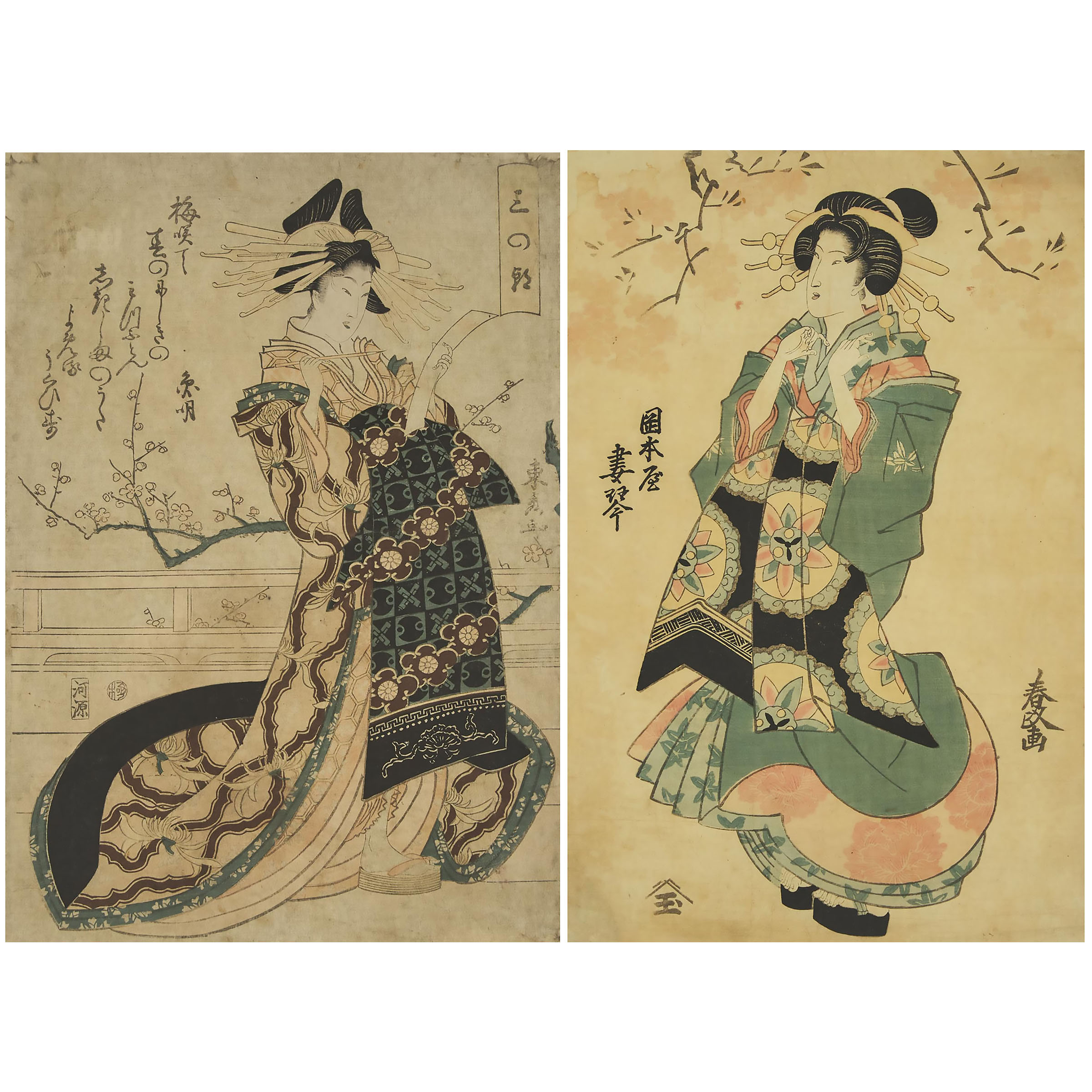 Two Rare Woodblock Prints, Signed Harumasa and Toshu, Early 19th Century
