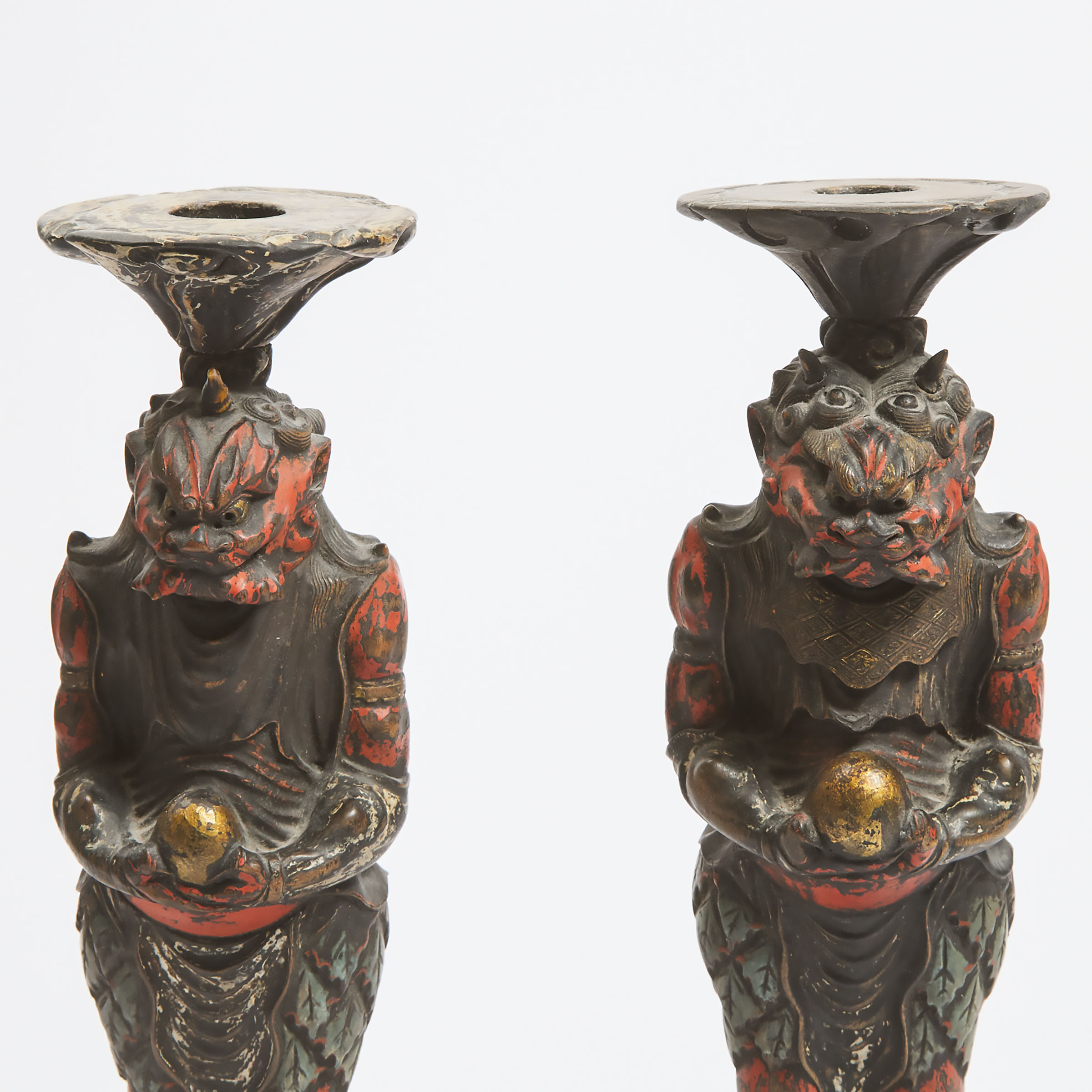 A Pair of Saishiki (Painted Wood) Candlesticks of Oni, Edo Period, 18th/19th Century