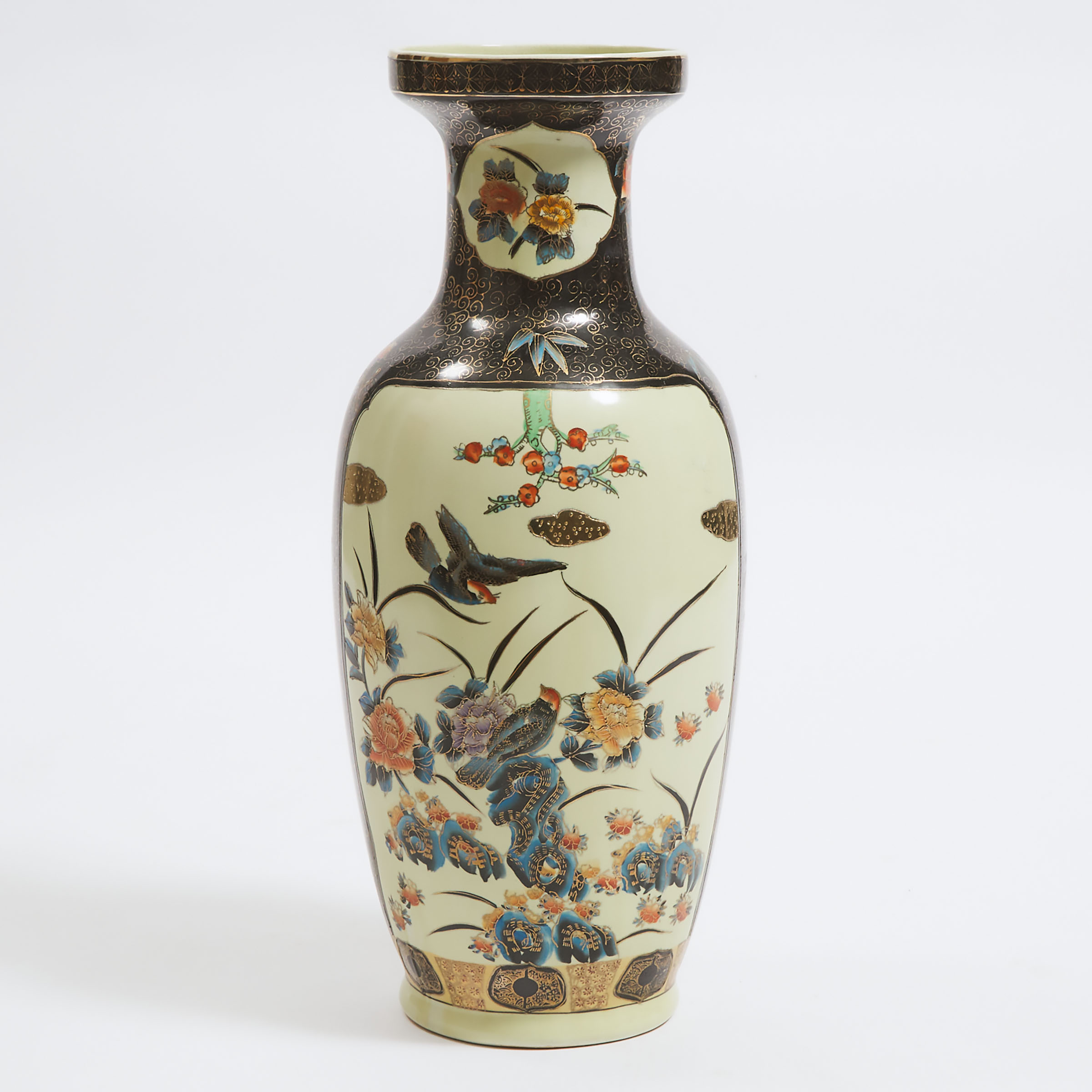 A Large Black-Ground 'Birds and Flowers' Vase, 20th Century