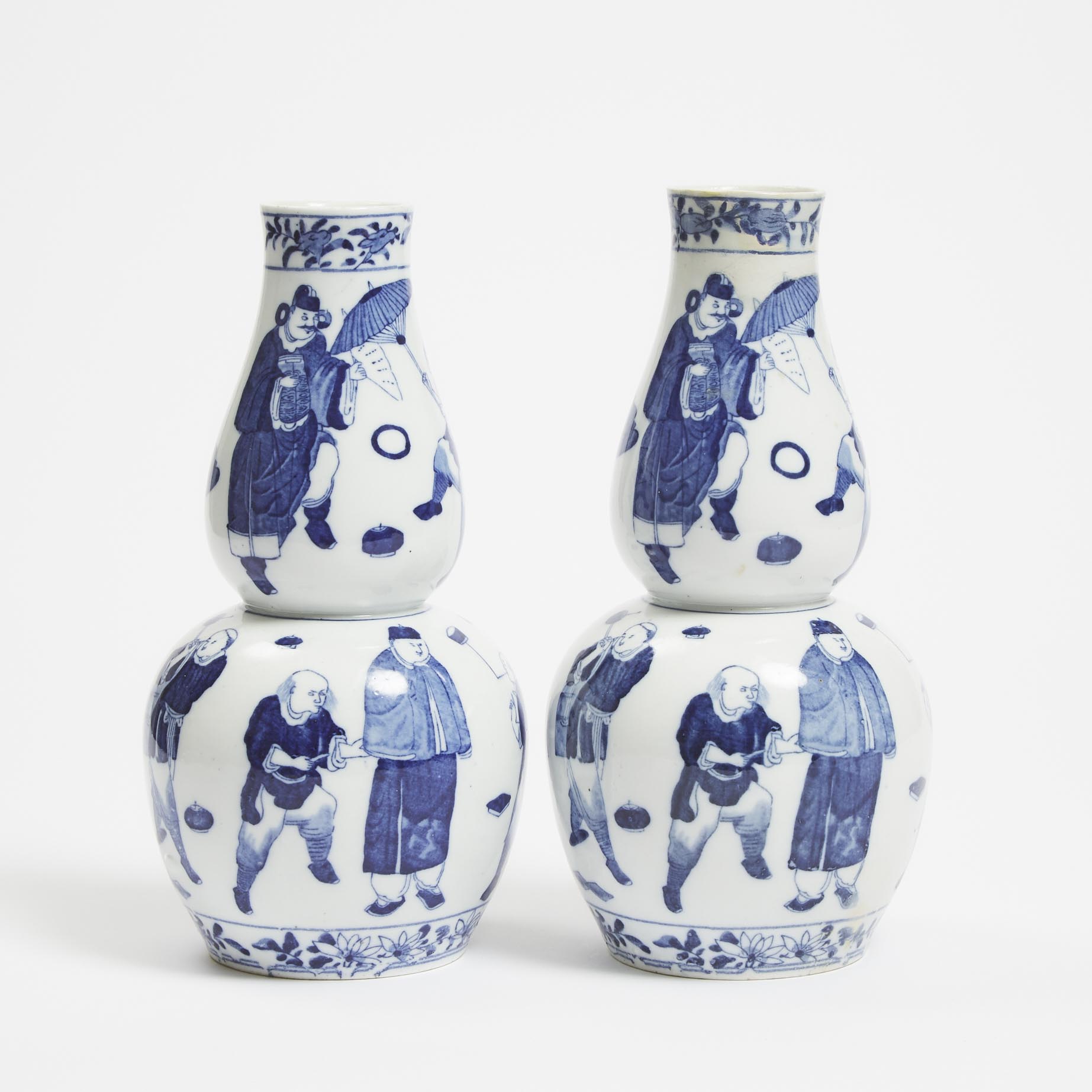 A Pair of German Transferware Blue and White Double Gourd Vases, Circa 1900