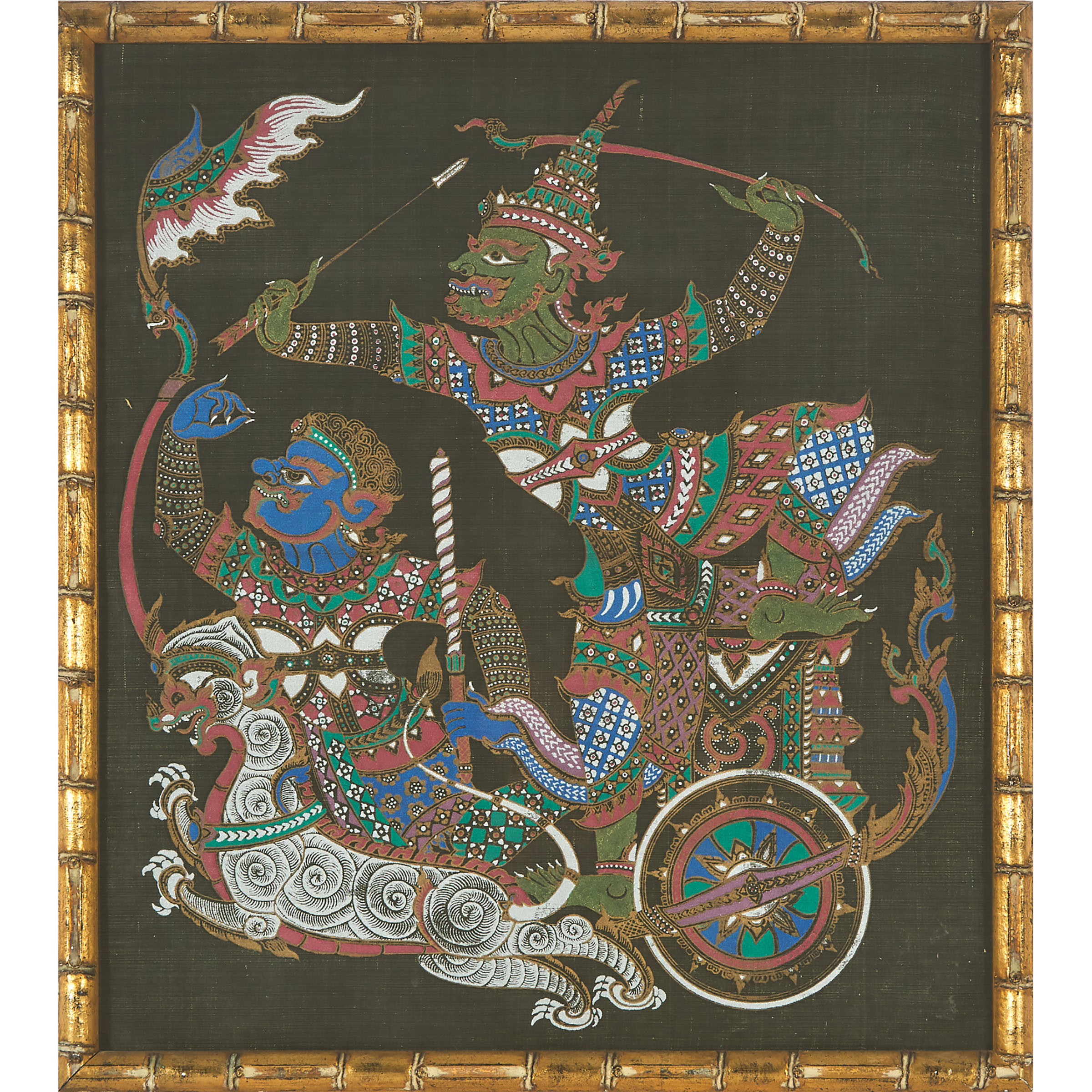 A Framed Silk Painting of Rama and Hanuman from the Ramakien, Thailand, Mid 20th Century