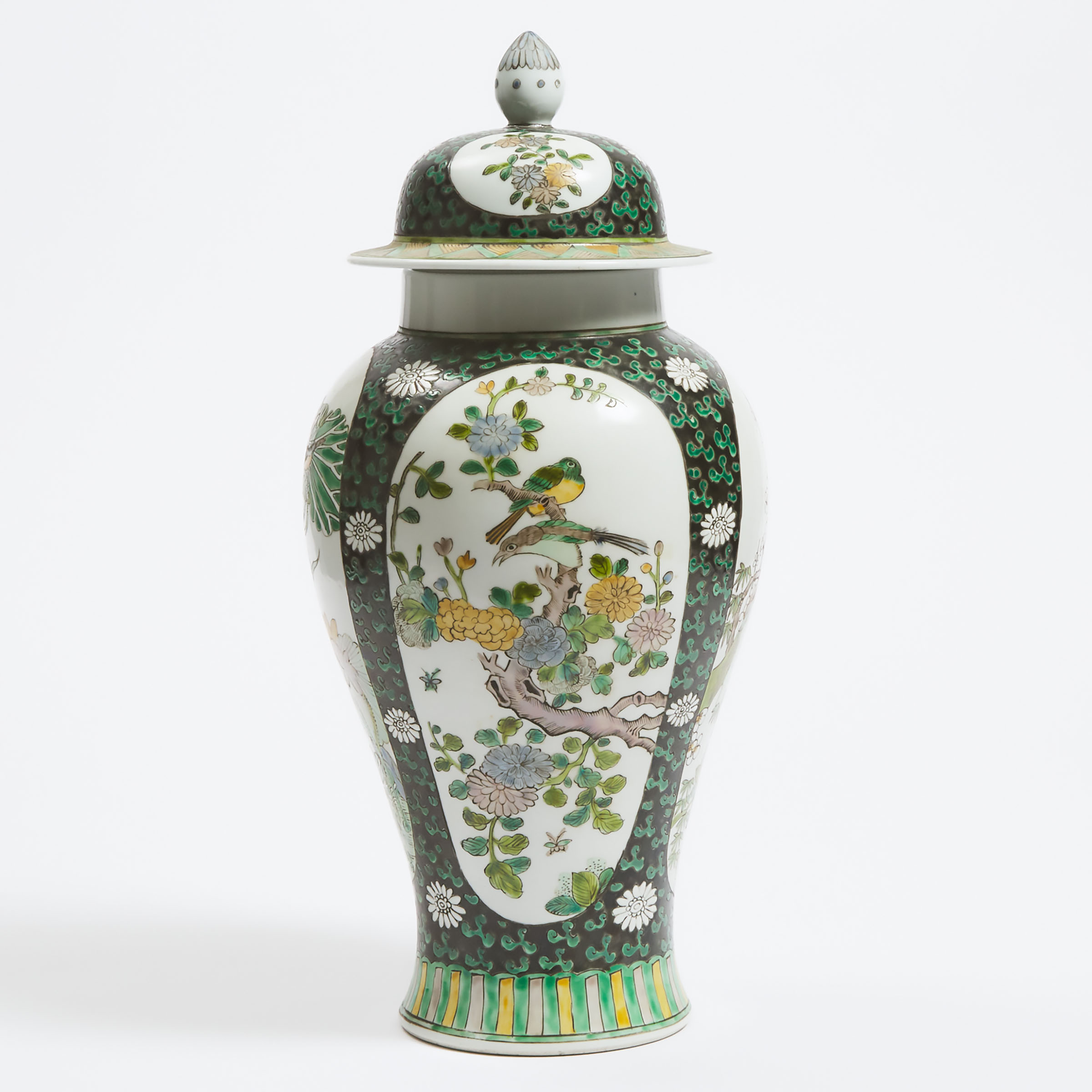 A Famille Noire 'Birds and Flowers' Vase and Cover, Kangxi Mark, 20th Century