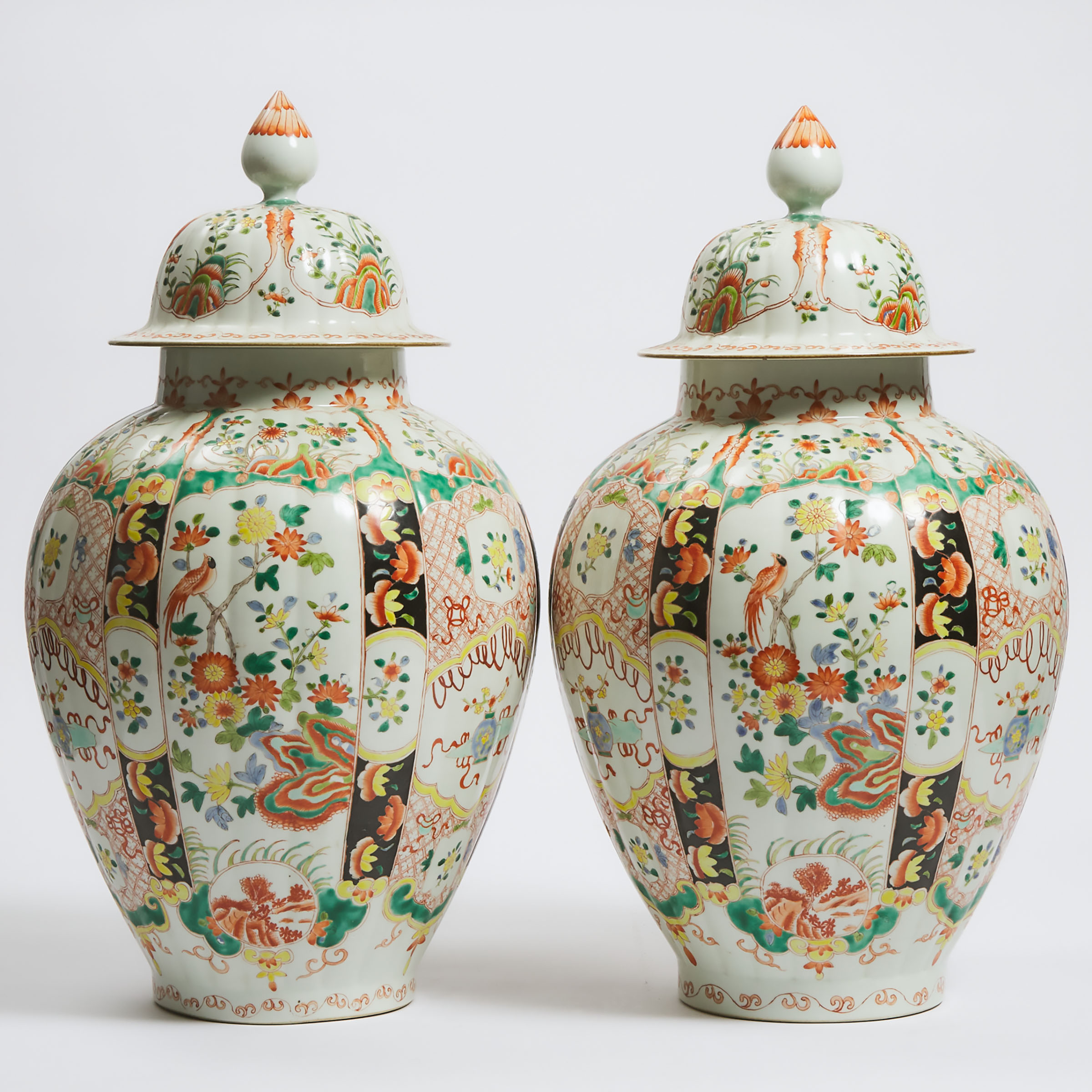 A Pair of Chinese Kangxi-Style Lobed Famille Rose Vases and Covers