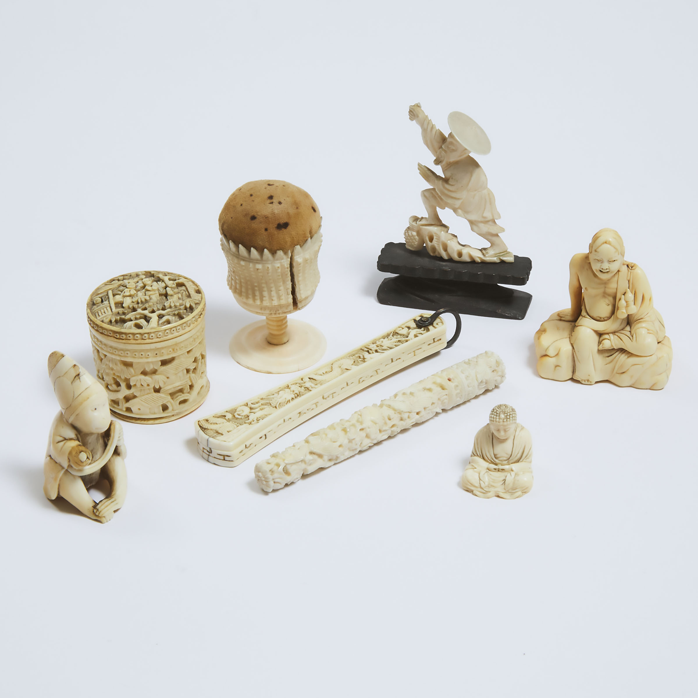 Two Ivory Netsuke of a Monkey Sambaso Dancer and a Sennin Immortal, Edo/Meiji Period, Together With Miscellaneous Ivory Carved Items