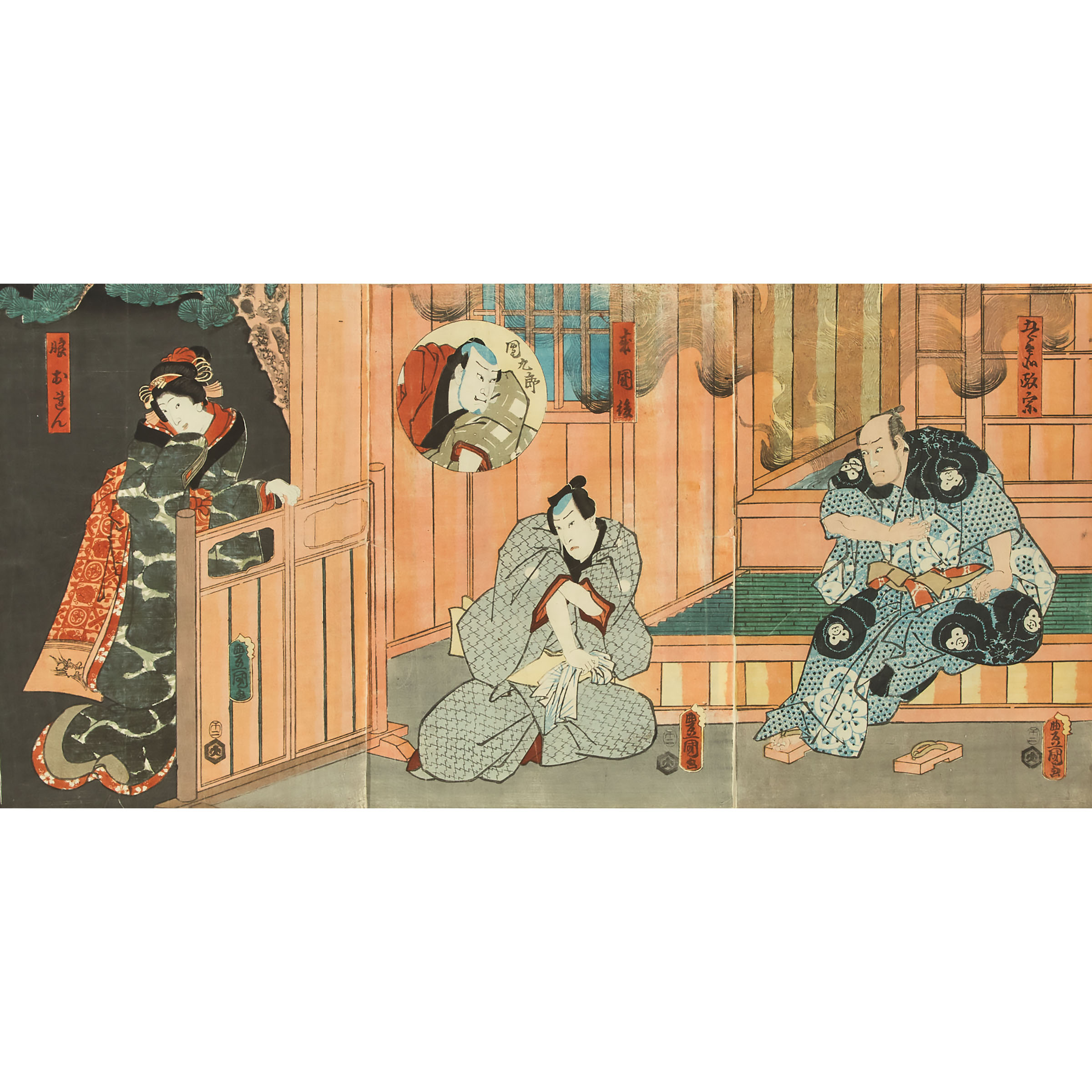 Utagawa Kunisada (Toyokuni III, 1786-1865), Actors Ichikawa Danjuro VI as Gorobei Masamune, Kataoka Nizaemon VIII as Rai Kunitoshi, Onoe Waichi II as Dankuro, and Iwai Kumesaburo III as the Daughter