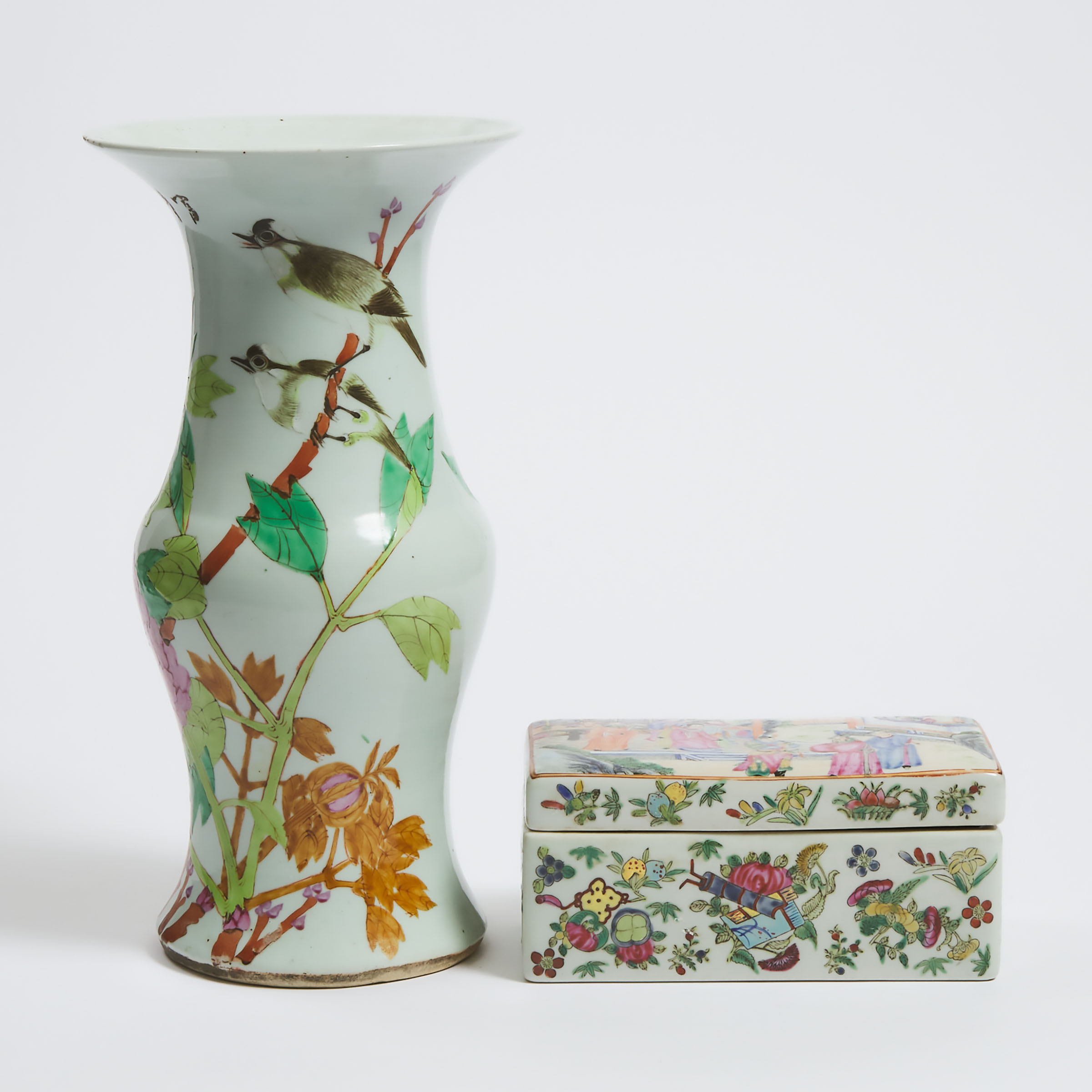 A Famille Rose Rectangular Box and Cover, Together With an Enameled Vase, 19th/Early 20th Century