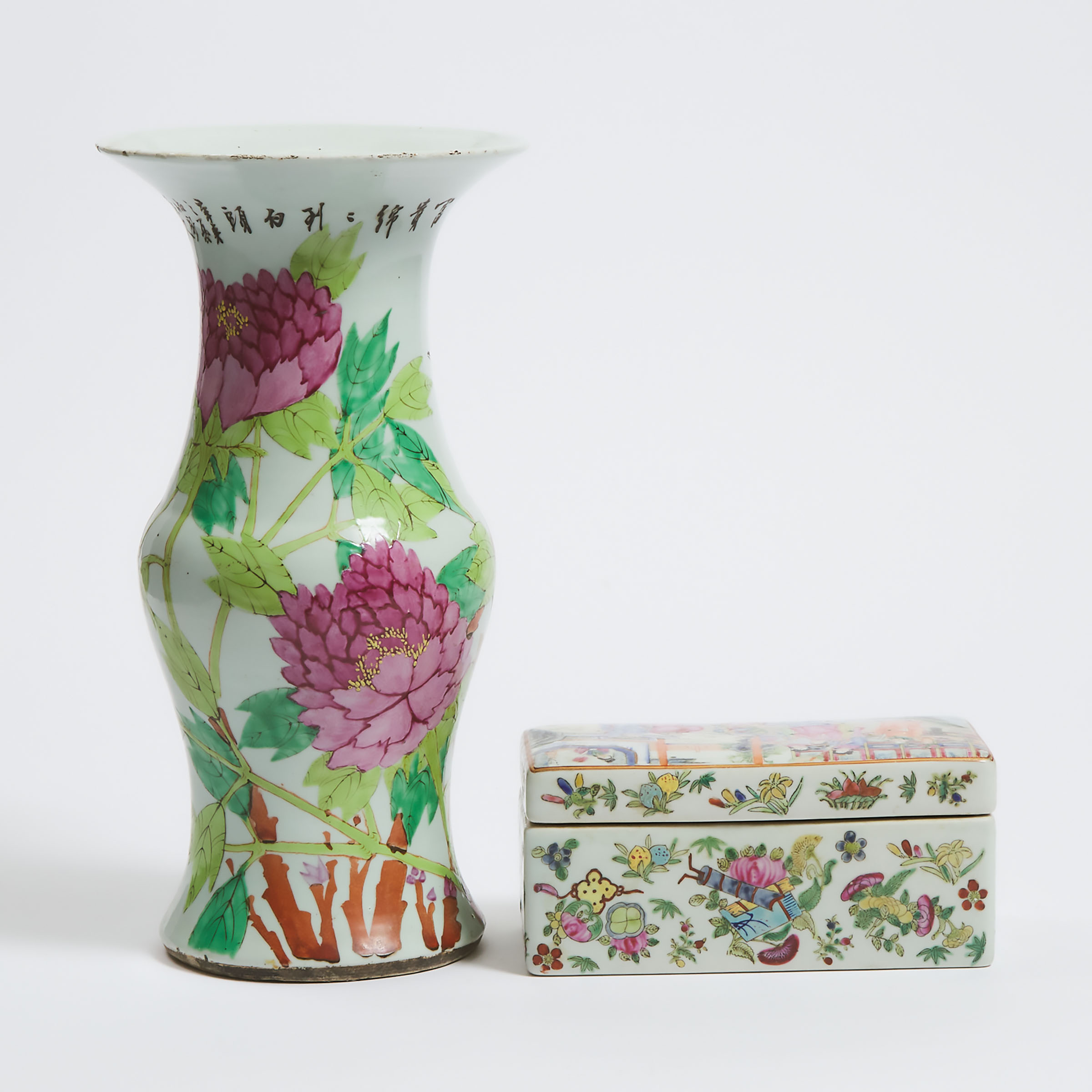 A Famille Rose Rectangular Box and Cover, Together With an Enameled Vase, 19th/Early 20th Century