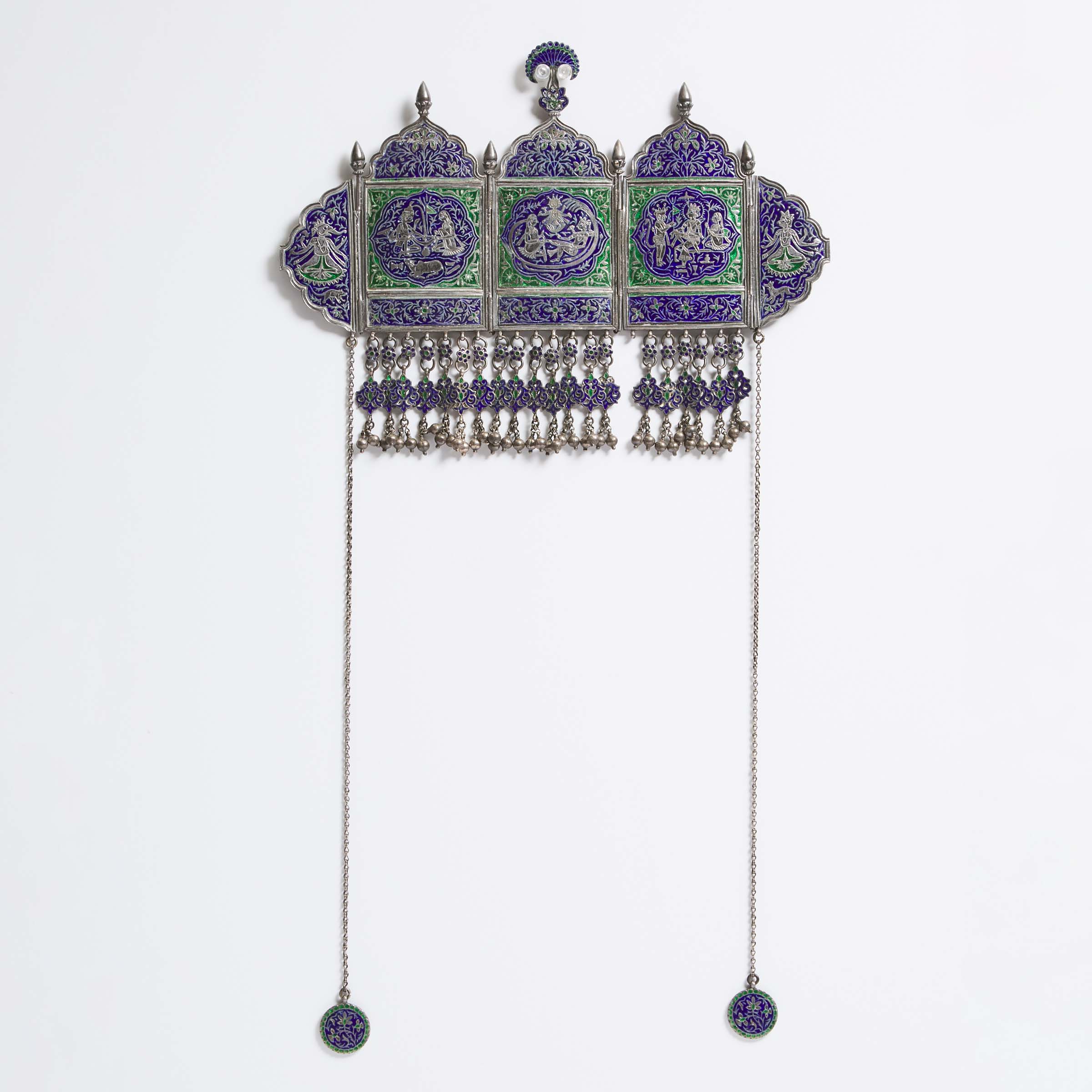 An Indian Blue and Green Enameled Silver Bridegroom's Wedding Crown (Umlakh), Kangra or Bundi, 18th/19th Century