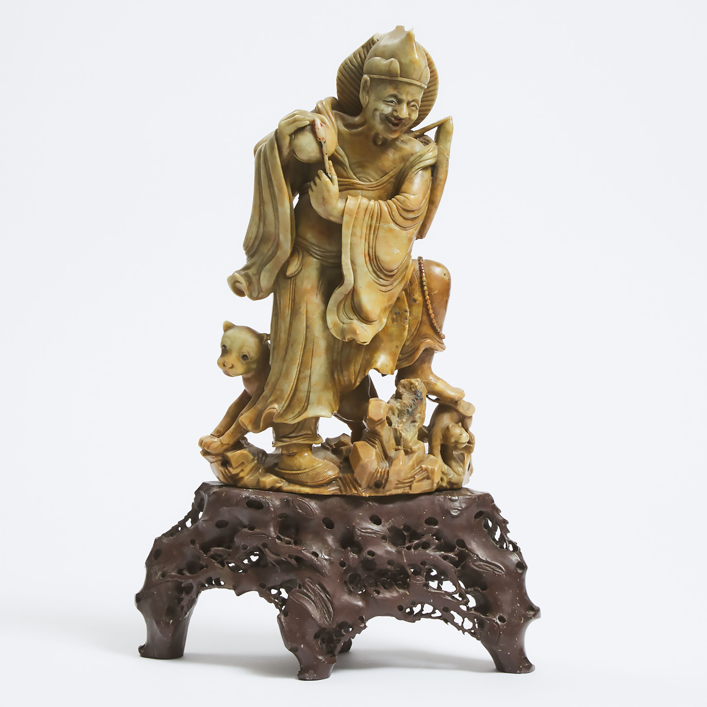 A Soapstone Figure of Ji Gong and Tigers, Mid 20th Century