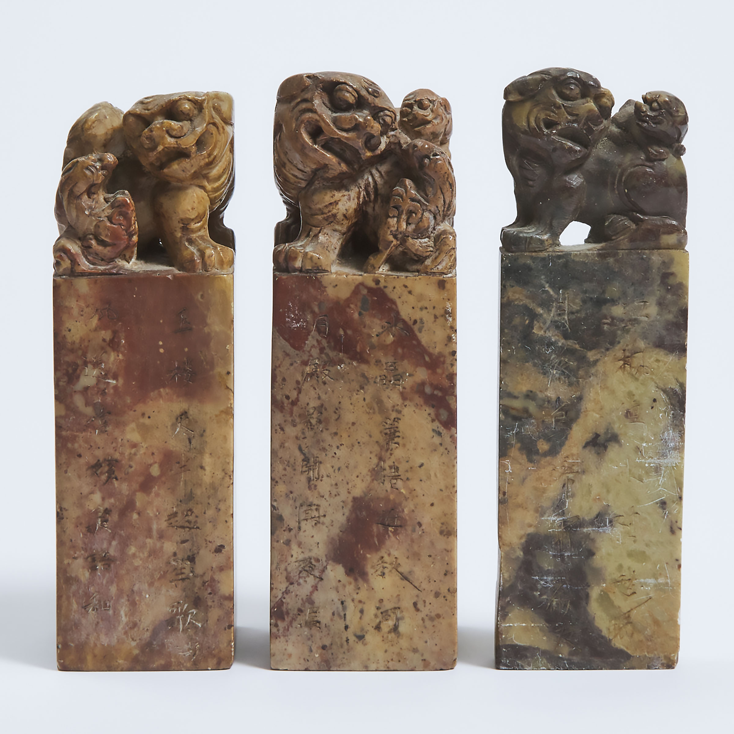 A Group of Three Chinese Carved Soapstone 'Lion' Seals