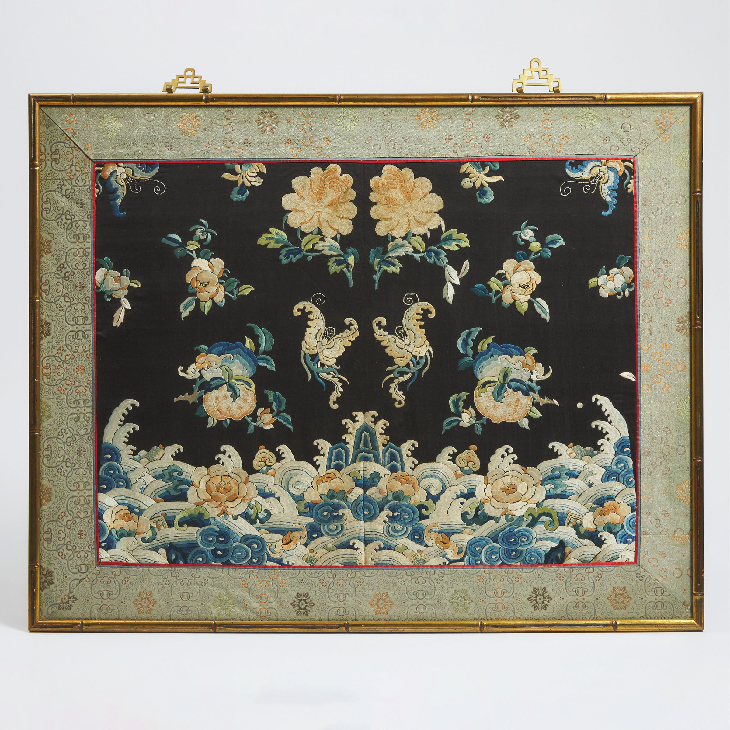 A Blue-Ground 'Butterflies and Peonies' Embroidered Silk Panel With Forbidden Knot, 19th Century