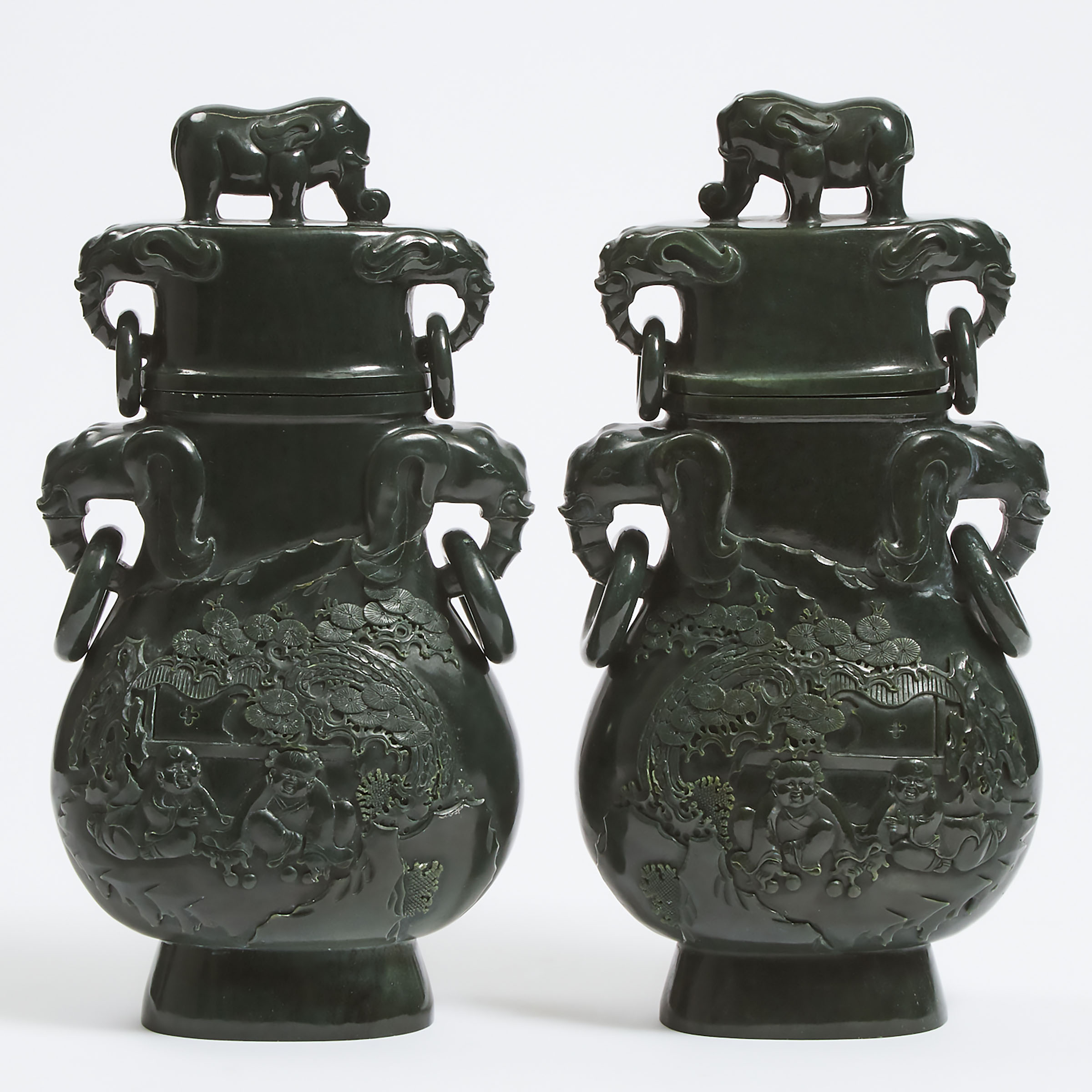 A Pair of Large Spinach Jade Vases and Covers, 20th Century