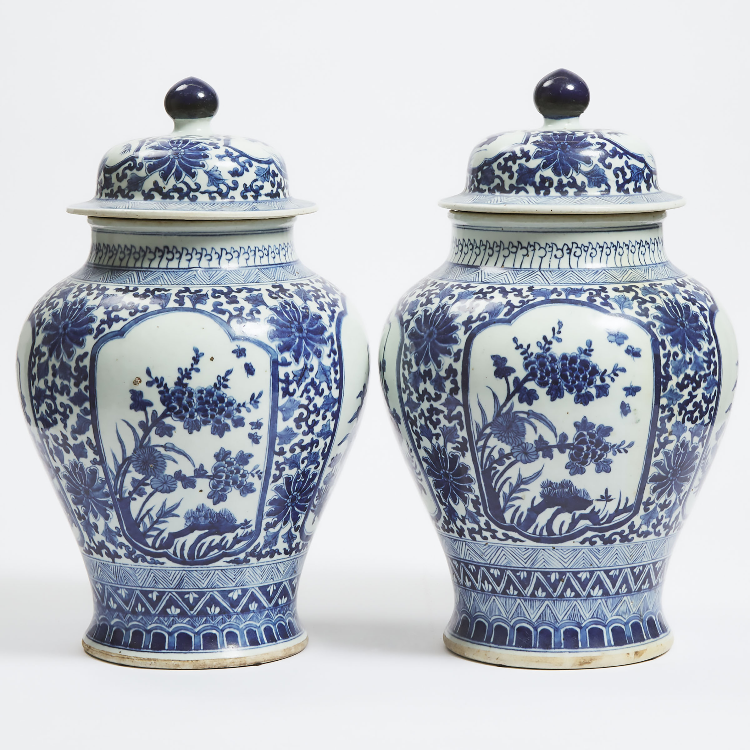 A Pair of Kangxi-Style Blue and White Baluster Jars and Covers